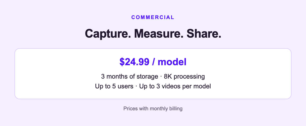 Commercial pricing, 3 month storage, and team access