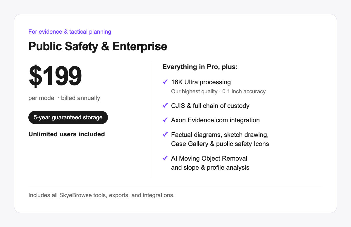 Public Safety and Enterprise processing, storage, evidence tools, analysis, exports, and team features