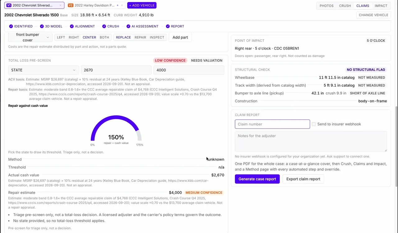 Claims view showing repair review and a state total-loss pre-screen in SkyeBrowse