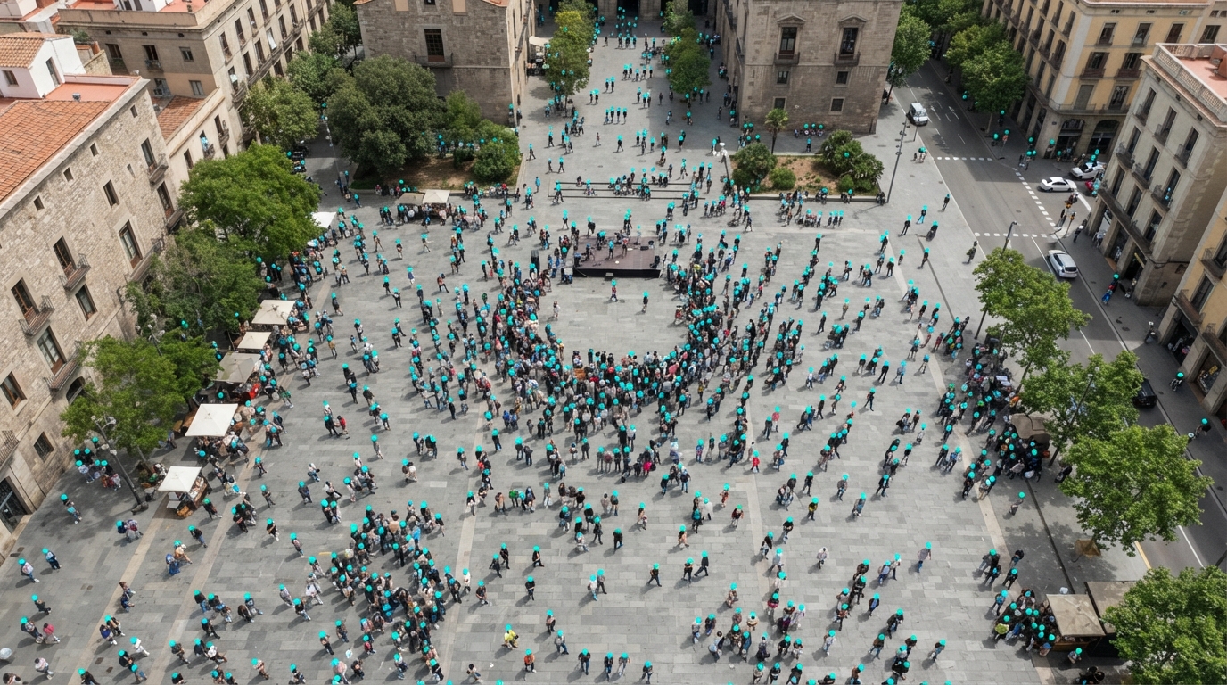 Aerial drone image of a public plaza with Crowd Counter marking each detected person