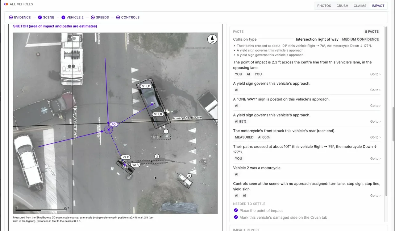Impact view with an editable factual diagram, vehicle positions, and approach paths